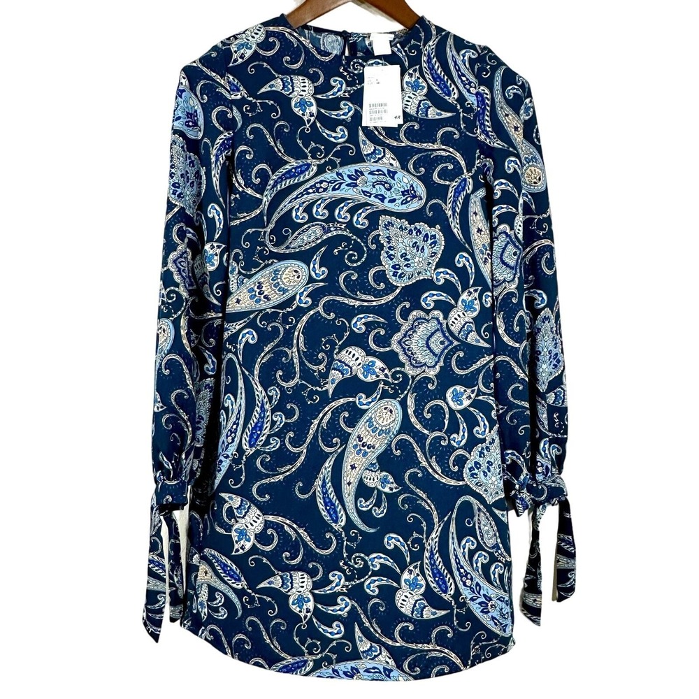 HM Blue Paisley Long Sleeve Mini Dress Long Sleeves‎ Tie Cuff Shift Size 2